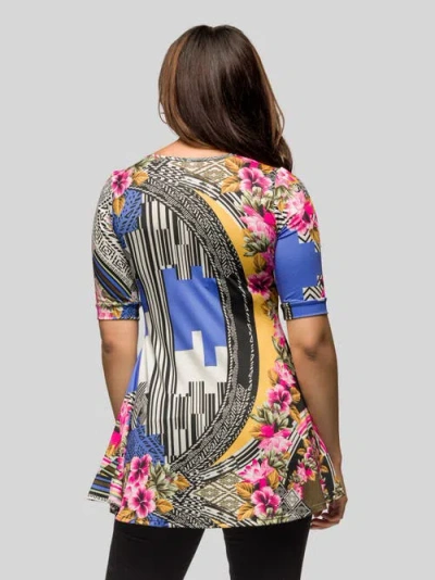 24seven Comfort Apparel Multicolor Floral Print Elbow Sleeve V Neck Henley Tunic Top In Multi