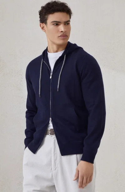 Brunello Cucinelli Hooded Crewneck Sweater Front Pockets In Blue