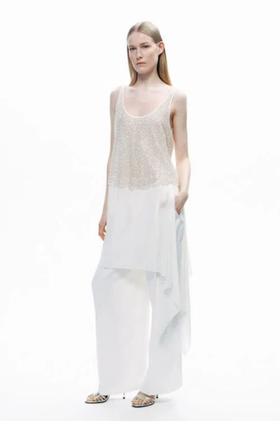 Nocturne Open Back Crystal Stone Detailed Blouse In White