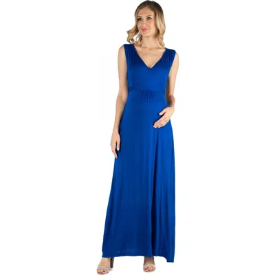 24seven Comfort Apparel V Neck Sleeveless Maternity Maxi Dress With Belt In Blue