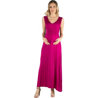 24seven Comfort Apparel V Neck Sleeveless Maternity Maxi Dress With Belt In Pink