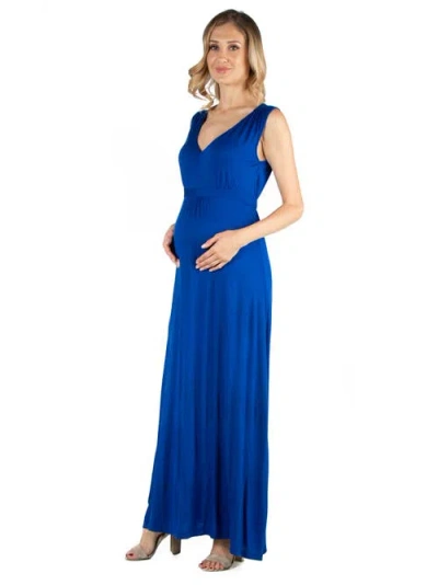 24seven Comfort Apparel V Neck Sleeveless Maternity Maxi Dress With Belt In Blue