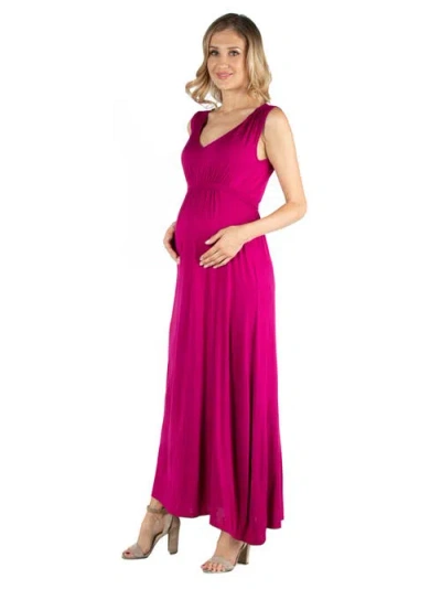 24seven Comfort Apparel V Neck Sleeveless Maternity Maxi Dress With Belt In Pink
