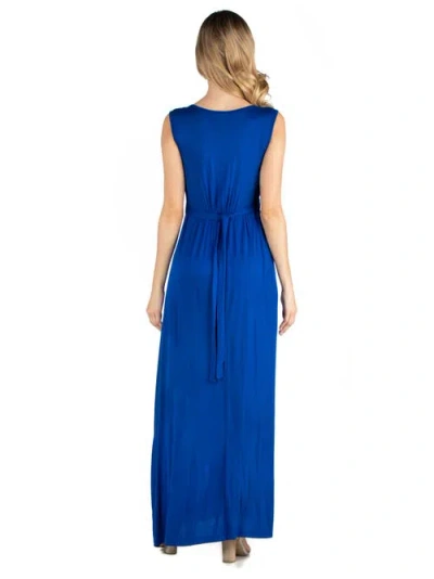 24seven Comfort Apparel V Neck Sleeveless Maternity Maxi Dress With Belt In Blue