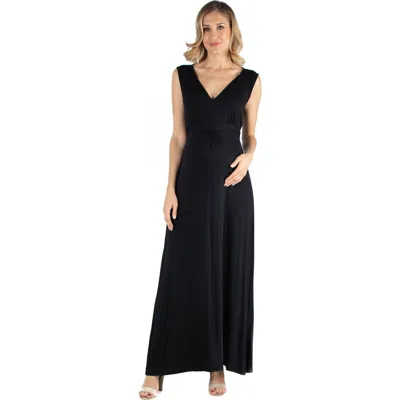 24seven Comfort Apparel Maternity V-neck Sleeveless Maxi Dress With Belt In Black