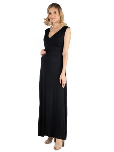 24seven Comfort Apparel Maternity V-neck Sleeveless Maxi Dress With Belt In Black