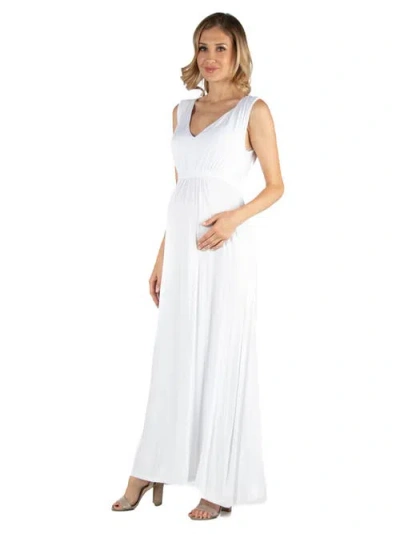 24seven Comfort Apparel Maternity V-neck Sleeveless Maxi Dress With Belt In White
