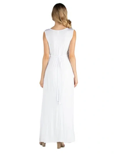 24seven Comfort Apparel Maternity V-neck Sleeveless Maxi Dress With Belt In White