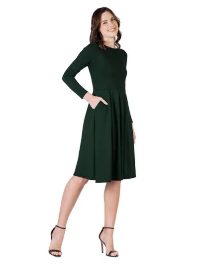 24seven Comfort Apparel Midi Length Fit N Flare Pocket Dress In Green