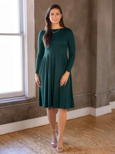 24seven Comfort Apparel Midi Length Fit N Flare Pocket Dress In Green