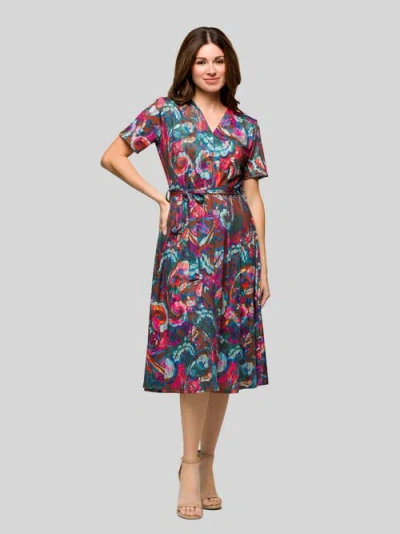 24seven Comfort Apparel Brown And Pink Print Short Sleeve Tie Waist Midi Dress In Multi