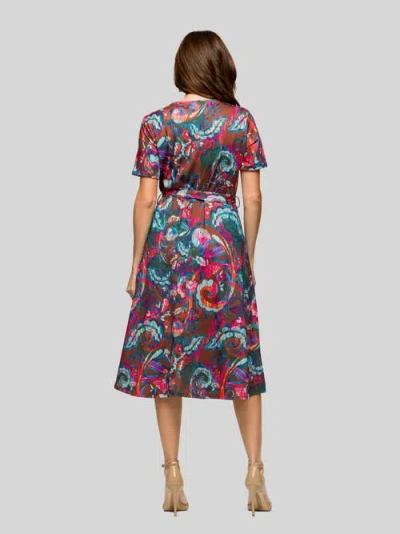 24seven Comfort Apparel Brown And Pink Print Short Sleeve Tie Waist Midi Dress In Multi