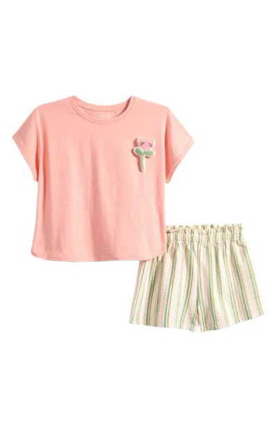 Next Kids' Floral Appliqué Cotton T-shirt & Stripe Shorts Set In Pink
