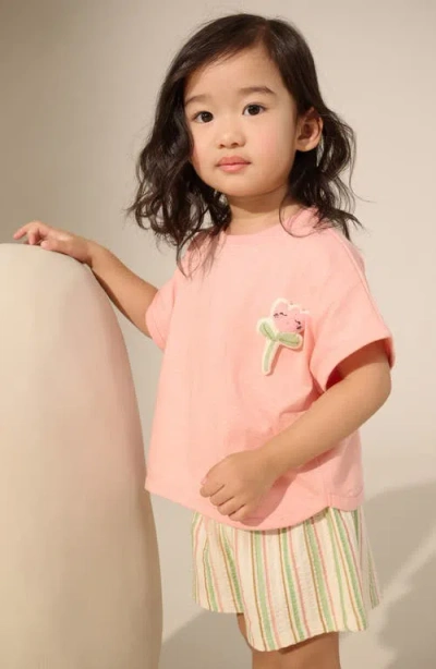 Next Kids' Floral Appliqué Cotton T-shirt & Stripe Shorts Set In Pink