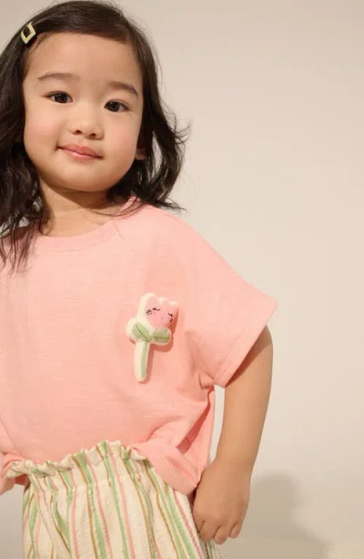 Next Kids' Floral Appliqué Cotton T-shirt & Stripe Shorts Set In Pink