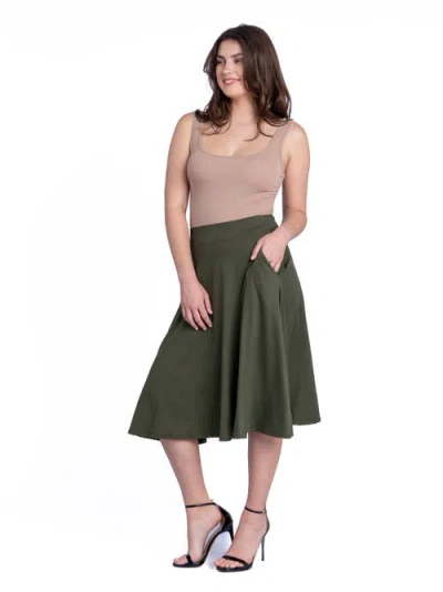 24seven Comfort Apparel Elastic Waist Pleated Pocket Midi Skirt In Green