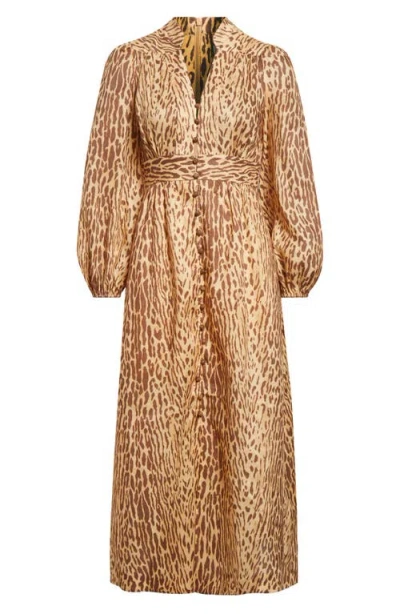 Zimmermann Cascadian Leopard Print Long Sleeve Linen Midi Dress In Brown