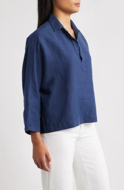 Frank & Eileen Gabi Crop Linen Popover Shirt In Blue