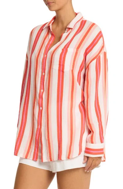 Sea Level West Coast Beach Stripe Cover-up Shirt In Multi