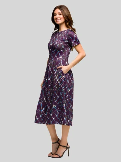 24seven Comfort Apparel Women's Purple Print Short Sleeve Pleated Flare Midi Pocket Dress In Purple