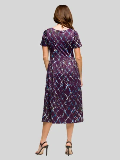 24seven Comfort Apparel Women's Purple Print Short Sleeve Pleated Flare Midi Pocket Dress In Purple