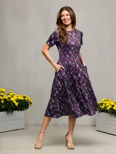24seven Comfort Apparel Women's Purple Print Short Sleeve Pleated Flare Midi Pocket Dress In Purple