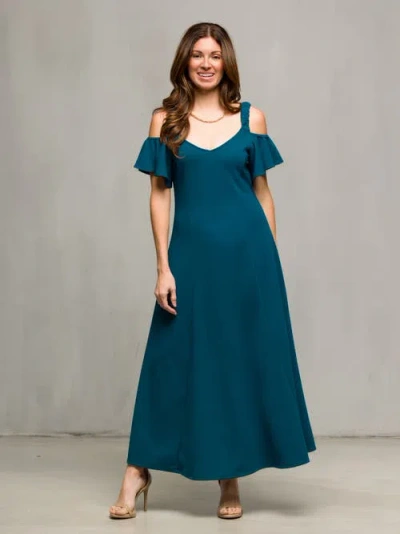 24seven Comfort Apparel Maternity Cold Sholder Ruffle Sleeve A-line Maxi Dress In Blue