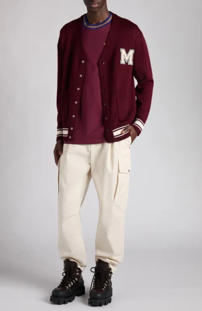 Moncler Monogram Patch Virgin Wool Cardigan In Burgundy