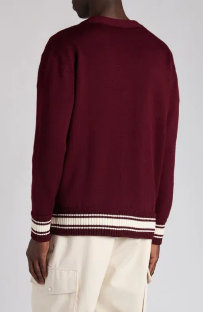 Moncler Monogram Patch Virgin Wool Cardigan In Burgundy