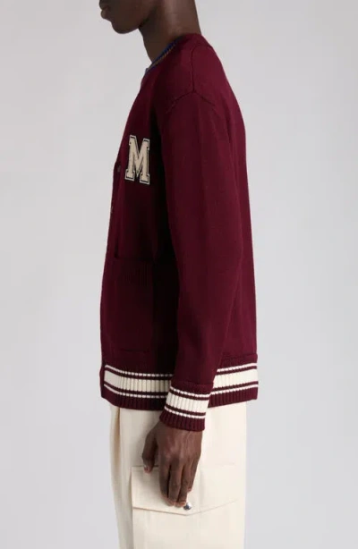 Moncler Monogram Patch Virgin Wool Cardigan In Burgundy