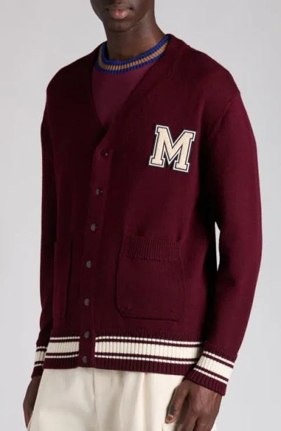 Moncler Monogram Patch Virgin Wool Cardigan In Burgundy