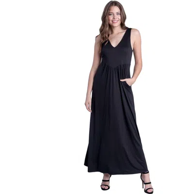 24seven Comfort Apparel V Neck Sleeveless Maternity Maxi Dress With Belt In Black