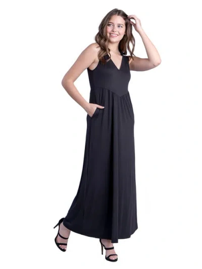 24seven Comfort Apparel V Neck Sleeveless Maternity Maxi Dress With Belt In Black
