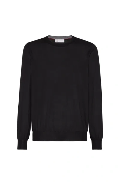 Brunello Cucinelli Virgin Wool Crewneck Sweater With Long Sleeves In Black