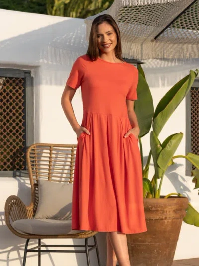 24seven Comfort Apparel Midi Dress With Short Sleeves And Pocket Detail In Neutral