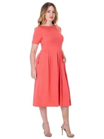 24seven Comfort Apparel Midi Dress With Short Sleeves And Pocket Detail In Red