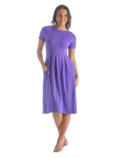 24seven Comfort Apparel Maternity Midi Dress With Short Sleeve And Pocket Detail In Purple