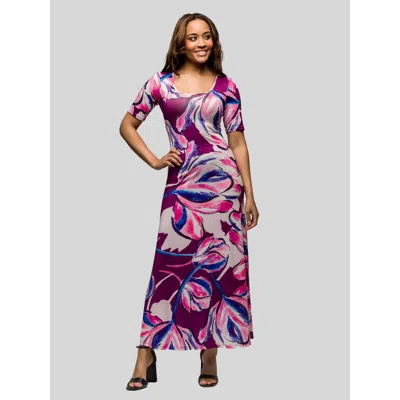 24seven Comfort Apparel Purple Floral Print Elbow Sleeve Casual A-line Maxi Dress In Purple