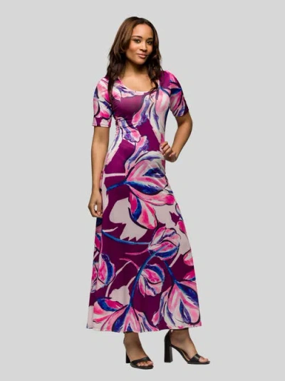 24seven Comfort Apparel Purple Floral Print Elbow Sleeve Casual A-line Maxi Dress In Purple