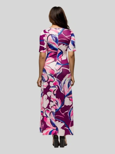 24seven Comfort Apparel Purple Floral Print Elbow Sleeve Casual A-line Maxi Dress In Purple
