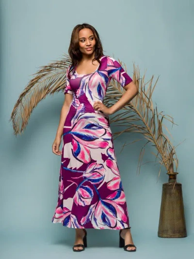 24seven Comfort Apparel Purple Floral Print Elbow Sleeve Casual A-line Maxi Dress In Purple
