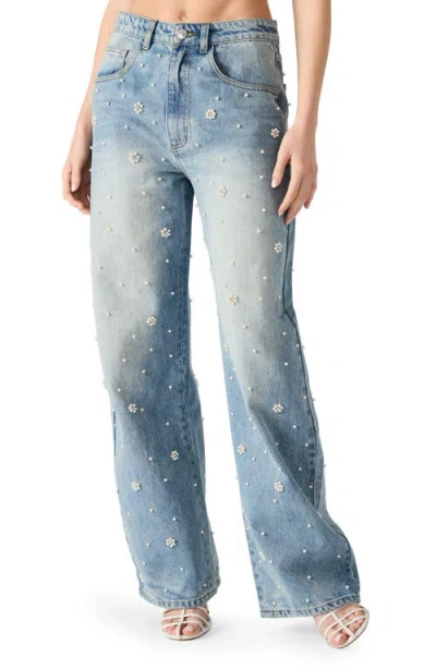 Steve Madden Fianna Embellished High Rise Barrel Jeans In Coastal Blue In Blue
