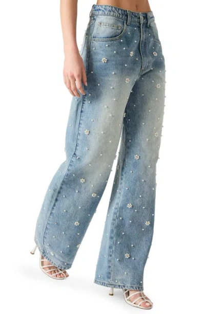 Steve Madden Fianna Embellished High Rise Barrel Jeans In Coastal Blue In Blue