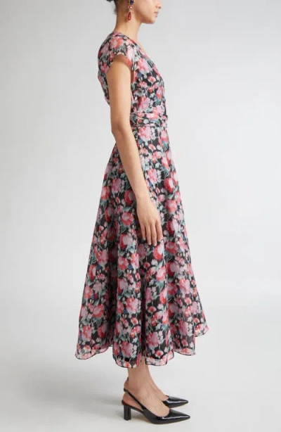 Carolina Herrera V-neck Floral Silk Cap-sleeve Midi Dress