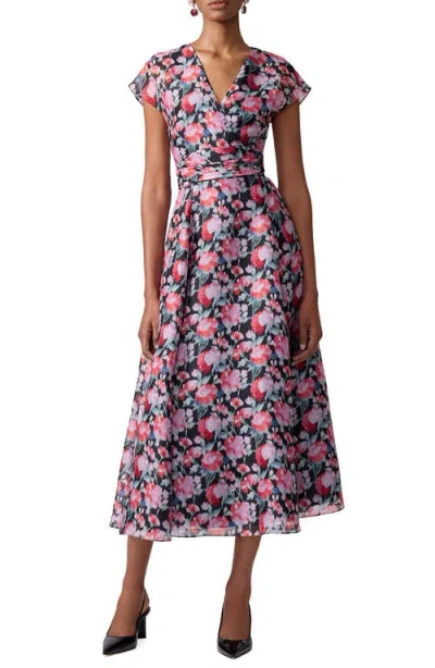 Carolina Herrera V-neck Floral Silk Cap-sleeve Midi Dress