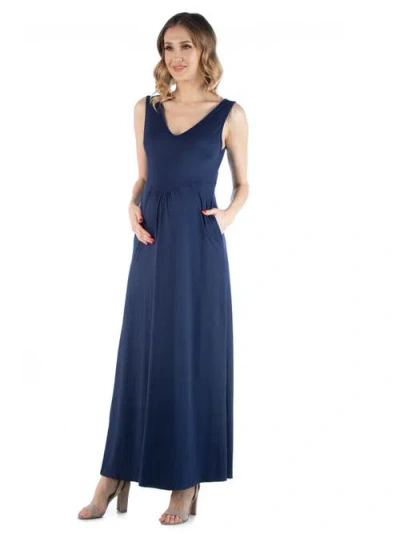 24seven Comfort Apparel Maternity Maxi Sleeveless Dress With Pockets In Blue