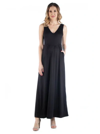 24seven Comfort Apparel V Neck Sleeveless Maternity Maxi Dress With Belt In Black