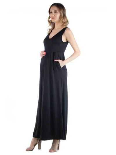 24seven Comfort Apparel V Neck Sleeveless Maternity Maxi Dress With Belt In Black