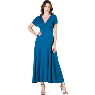 24seven Comfort Apparel V-neck Sleeveless Maxi Dress With Belt In Blue