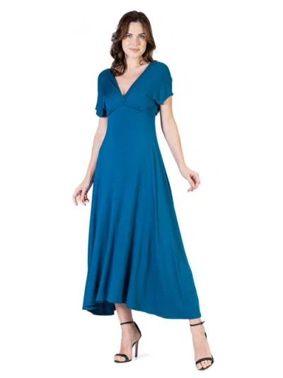 24seven Comfort Apparel V-neck Sleeveless Maxi Dress With Belt In Blue